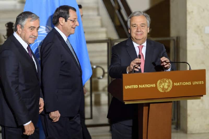 United Nations Secretary General Antonio Guterres arrives with Greek Cypriot President Nicos Anastasiades and Turkish Cypriot leader Mustafa Akinci, for a news conference after the Conference on Cyprus Peace Talks, at the European headquarters of the United Nations in Geneva, Switzerland, January 12, 2017. REUTERS/Martial Trezzini/Pool