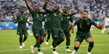 SAINT PETERSBURG, RUSSIA - JUNE 26:  Victor Moses of Nigeria celebrates with teammates after scoring his team's first goal  during the 2018 FIFA World Cup Russia group D match between Nigeria and Argentina at Saint Petersburg Stadium on June 26, 2018 in Saint Petersburg, Russia.  (Photo by Gabriel Rossi/Getty Images)