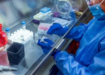 A researcher at the University of Pittsburgh works on a COVID-19 vaccine candidate, a fingertip-sized patch with dissolvable microscopic needles, in Pittsburgh, Pennsylvania, U.S., March 28, 2020.  UPMC/Handout via REUTERS ATTENTION EDITORS - THIS IMAGE WAS PROVIDED BY A THIRD PARTY. MANDATORY CREDIT. NO RESALES. NO ARCHIVES